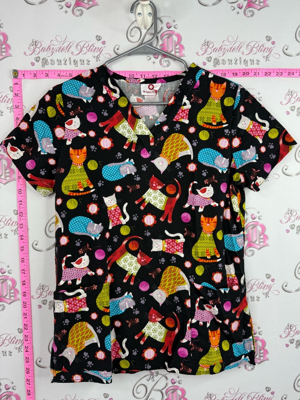 White Cross scrubs tshirt cats Black Short Sleeve Scrub Top Colorful Cat Print